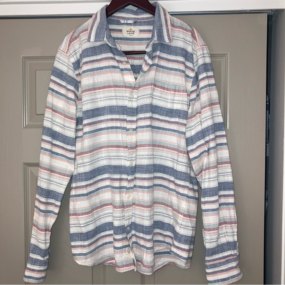 Marine Layer *Medium* Cotton Striped Button Down Shirt - Blue, Pink, White